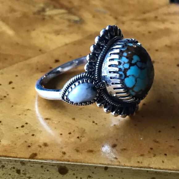 Natural White Buffalo Royston Blue Horizon Turquoise Sterling Silver Ring Size 8 - Picture 3 of 10